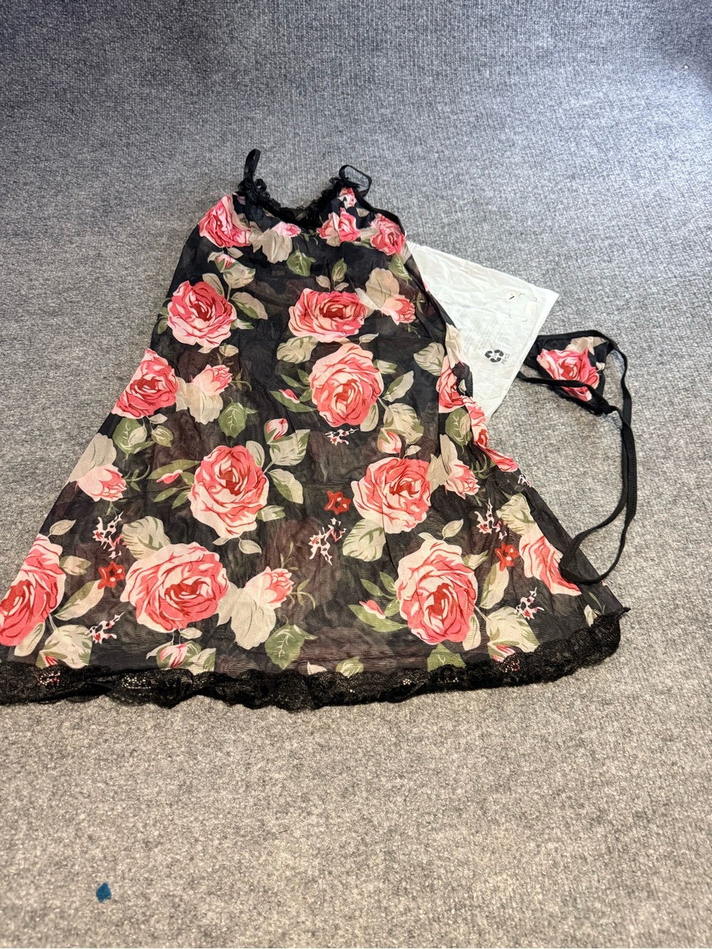 Floral Lace-Trim Black Slip Dress with Pink Rose Print